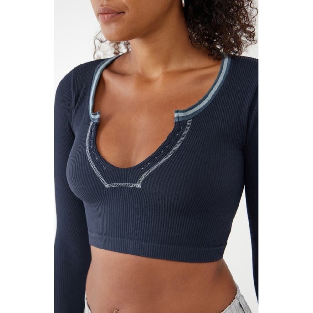 BDG Urban Outfitters Navy Blue Ribbed Notched Long Sleeve Crop Top Womens ML